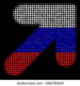 Halftone Arrow Up Right pictogram colored in Russian official flag colors on a dark background. Vector concept of arrow up right icon created of circle dots.