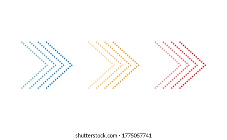 Halftone arrows in blue, orange and red colors. Right direction symbol in modern design. Isolated arrow with dots. Futuristic pointer sign. Geometric arrows with shadow effect. Vector EPS 10