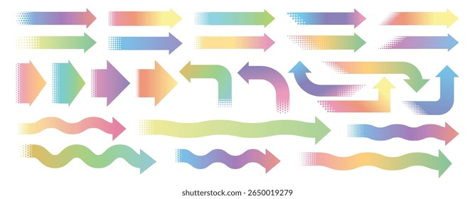 Setas de meio-tom. Seta pontilhada com gradiente de cor. Partículas de círculo, sinais simples de direção. Ponteiros ondulados coloridos com efeito de meio-tom de ponto. Várias formas onduladas de navegação. Conjunto de vetores.