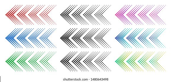 Halftone arrows. Color web arrow with dots. Colorful dotted moving forward and download symbols. Direction signpost gradient arrows web logo. Isolated colorful vector icons set