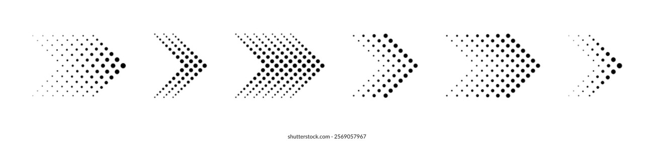 Halftone arrows. Dotted arrow. Direction arrow signs. Flat black arrows with halftone effect.