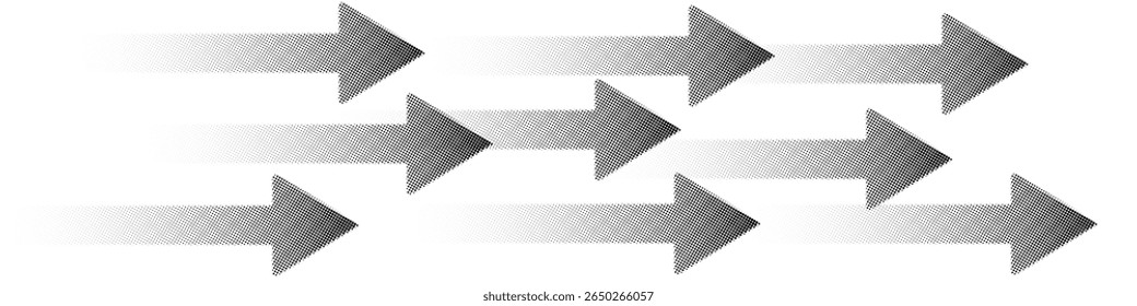 Halftone arrows dynamic movement concept vector with abstract blue background and forward direction theme. Ideal for speed, progress, technology, innovation, business, and futuristic designs.