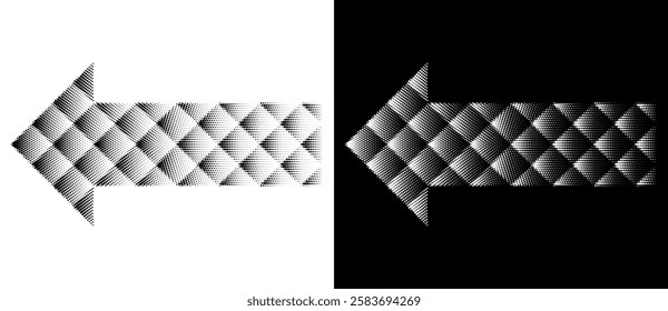 Halftone arrows on white and black backgrounds. Digital art dotted dynamic arrows.