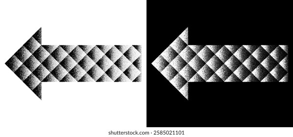 Halftone arrows on white and black backgrounds. Digital art dotted dynamic arrows.