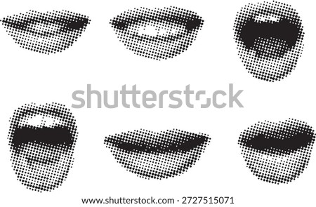 Halftone art collage cut outs set. Vector set with mouth.