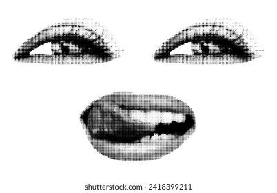 Halftone art collage female face on transparent background. Cut out of magazine shapes, smiling woman's eyes and licking mouth. Modern retro grunge punk vector illustration