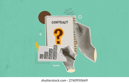 Halftone art collage a person s hand signing a contract with a pen