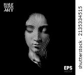 Halftone Art. Vector black and white illustration from 3d rendering of female face in wavy line halftone style isolated on black background.