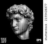 Halftone Art. Vector black and white illustration from 3d rendering of classical marble male head in vertical line halftone style isolated on black background.