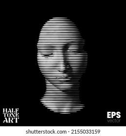 Halftone Art. Vector black and white illustration from 3d rendering of female face in horizontal line halftone style isolated on black background.