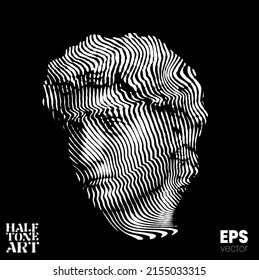 Halftone Art. Vector black and white illustration from 3d rendering of classical marble male head in wavy line halftone style isolated on black background.