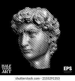 Halftone Art. Vector black and white illustration from 3d rendering of classical marble male head in tilted line halftone style isolated on black background.