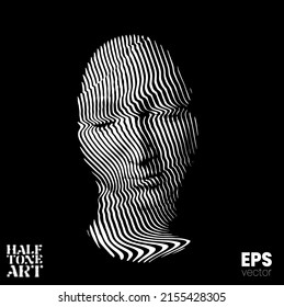 Halftone Art. Vector black and white illustration from 3d rendering of female face in wavy line halftone style isolated on black background.