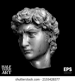Halftone Art. Vector black and white illustration from 3d rendering of classical marble male head in vertical line halftone style isolated on black background.