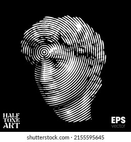 Halftone Art. Vector black and white illustration from 3d rendering of classical marble male head in circular line halftone style isolated on black background.