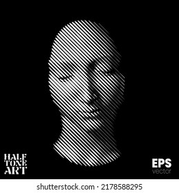 Halftone Art. Vector black and white illustration from 3d rendering of female face in tilted line halftone style isolated on black background.