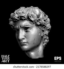 Halftone Art. Vector black and white illustration from 3d rendering of classical marble male head in horizontal line halftone style isolated on black background.