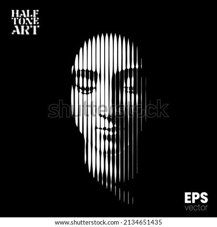 Halftone Art. Vector black and white illustration from 3d rendering of female face in vertical line halftone style isolated on black background.