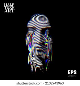 Halftone Art. Vector color RGB mode illustration from 3d rendering of female face in wavy line halftone style and glitched tears liquified face isolated on black background.