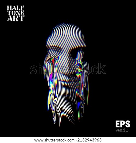 Halftone Art. Vector color RGB mode illustration from 3d rendering of female face in wavy line halftone style and glitched tears liquified face isolated on black background.