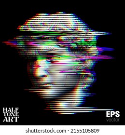 Halftone Art. Vector glitch and corrupted RGB color offset mode illustration from 3d rendering of classical marble male head in horizontal line halftone style isolated on black background.