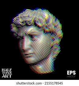 Halftone Art. Vector glitch and corrupted RGB color offset mode illustration from 3d rendering of classical marble male head in circular line halftone style isolated on black background.