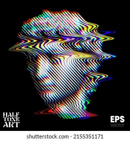 Halftone Art. Vector glitch and corrupted RGB color offset mode illustration from 3d rendering of classical marble male head in tilted line halftone style isolated on black background.