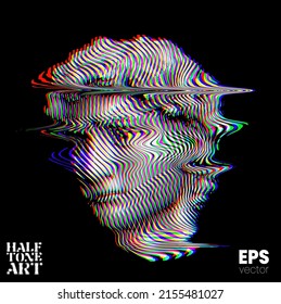 Halftone Art. Vector glitch and corrupted RGB color offset mode illustration from 3d rendering of classical marble male head in wavy line halftone style isolated on black background.