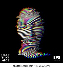 Halftone Art. Vector glitched and corrupted RGB color offset mode illustration from 3d rendering of female face in wavy line halftone style isolated on black background.