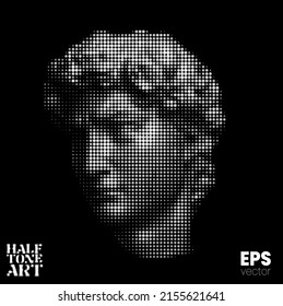 Halftone Art. Vector grayscale illustration from 3d rendering of classical marble male head in dot halftone style isolated on black background.