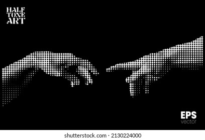 Halftone Art. Vector illustration of hands reaching out for touch in black and white dot halftone vintage style design.