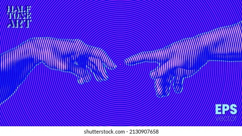 Halftone Art. Vector illustration of hands reaching out for touch in vaporwave pink and blue circle line halftone vintage style design.