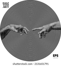 Halftone Art. Vector illustration of hands reaching out for touch in black and white circle line halftone vintage style design.