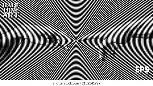 Halftone Art. Vector illustration of hands reaching out for touch in black and white circle line halftone vintage style design.