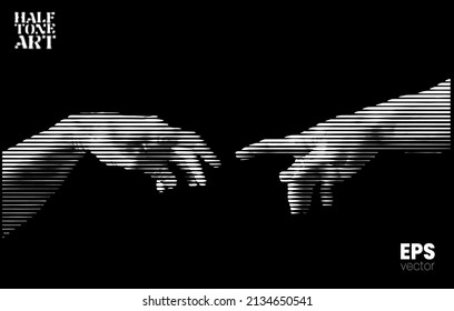 Halftone Art. Vector illustration of hands reaching out for touch in black and white horizontal line halftone vintage style design.