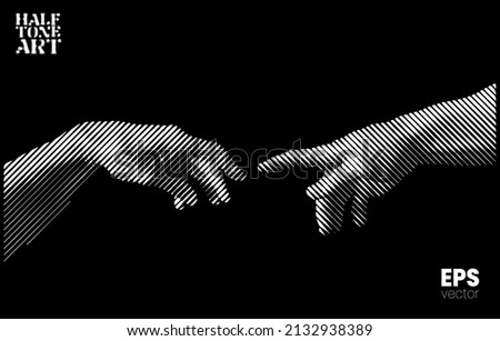 Halftone Art. Vector illustration of hands reaching out for touch in black and white slanted line halftone vintage style design.