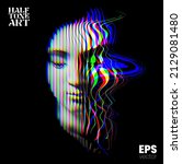 Halftone Art. Vector RGB color illustration from 3d rendering of side glitch distorted female face in vertical line halftone style isolated on black background.