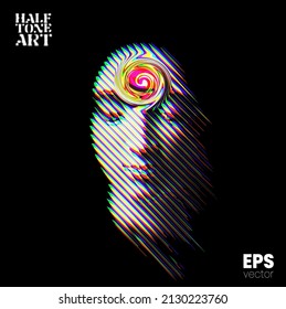 Halftone Art. Vector RGB color illustration from 3d rendering of female face with colorful forehead third eye in tilted line halftone style isolated on black background.