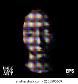 Halftone Art. Vector RGB color offset mode illustration from 3d rendering of female face in dot halftone style isolated on black background.