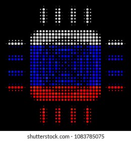Halftone Asic Processor icon colored in Russia state flag colors on a dark background. Vector composition of asic processor icon constructed from round spots.