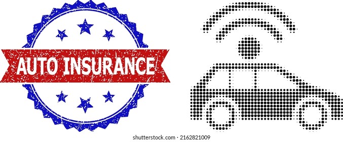 Halftone Automatic Car Icon, And Bicolor Grunge Auto Insurance Watermark. Halftone Automatic Car Icon Is Generated With Small Circle Elements. Vector Imprint With Grunge Bicolored Style,