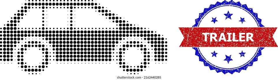 Halftone automobile icon, and bicolor rubber Trailer seal stamp. Halftone automobile icon is generated with small circle dots. Vector seal with unclean bicolored style,