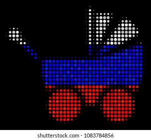 Halftone Baby Carriage icon colored in Russia official flag colors on a dark background. Vector concept of baby carriage icon formed from spheric blots.