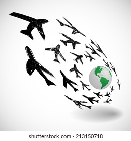 Halftone background with airplanes. Vector illustration. 