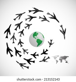 Halftone background with airplanes. Vector illustration. 