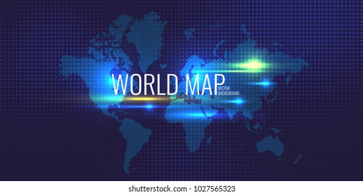 Halftone background and banner with world map on blue background. Vector illustration