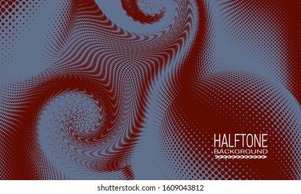 Halftone background design with brown blue curved space abstraction. Futuristic printing raster of spheres and spiral.
