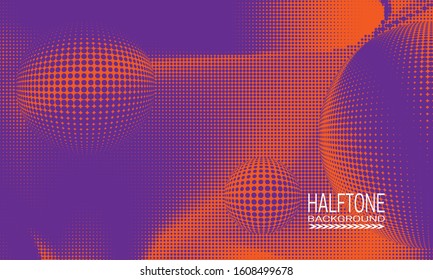 Halftone background design with purple orange space abstraction. Monochrome printing raster of editable colors.