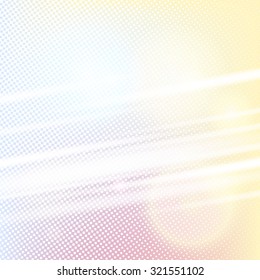 Halftone background with diagonal light lines and hotspot. Blue yellow pink white color square shape vector banner