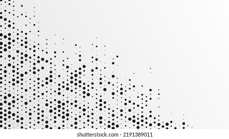 Halftone background of dots frame. Monochrome desing of particles. Chaotic ornament. Linear pattern of small point. Poster for website, frame for social networks. Vector